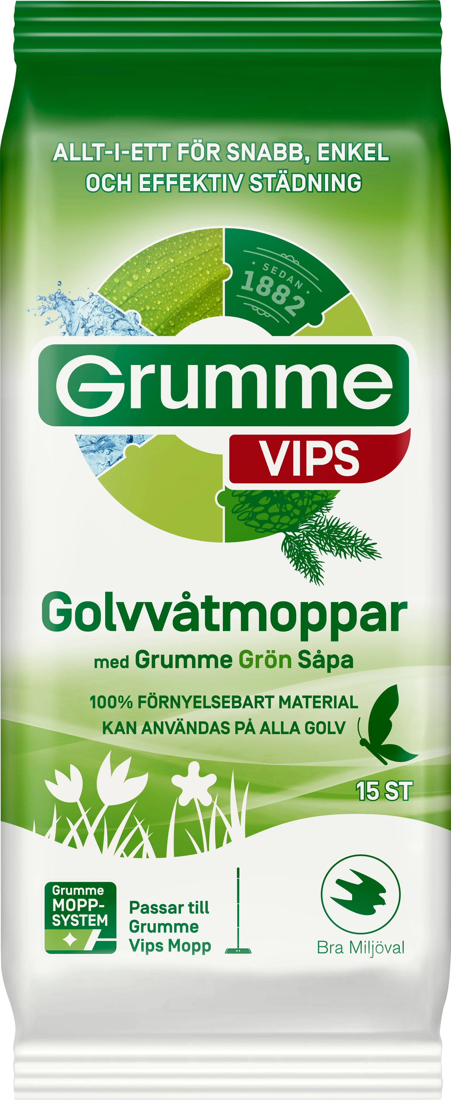 Grumme Vips Golvvåtmoppsdukar Grönsåpa 15st